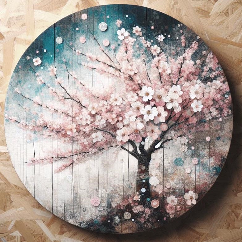Wood board painting of a tree
