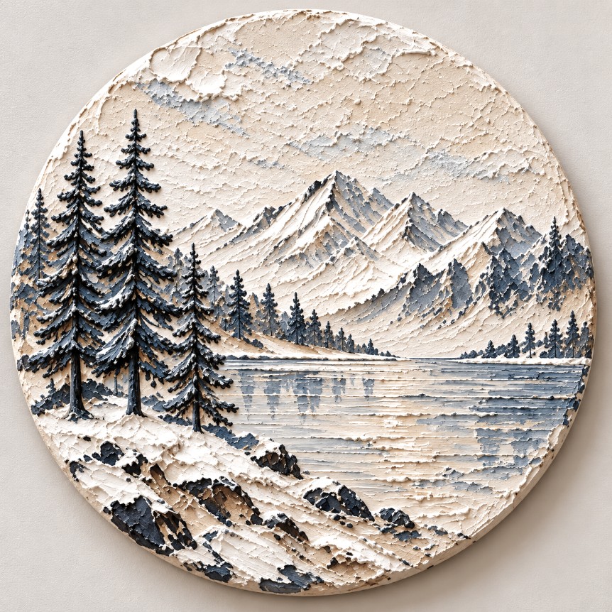 Plaster molded clay art piece of a mountain, lake and forest scene