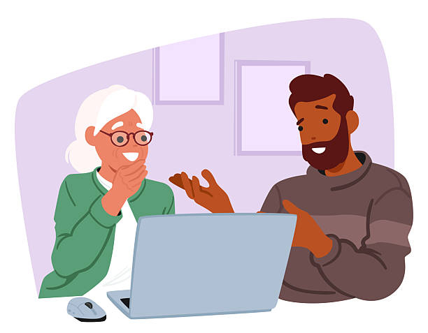 Illustration of man teaching an older woman about internet safety