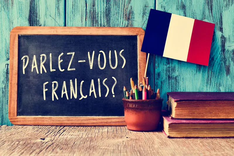 Decorative image of a french flag and the words 'parlez-vous francais?' on a blackboard