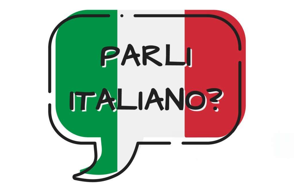 The words 'parli italiano?' over an Italian flag