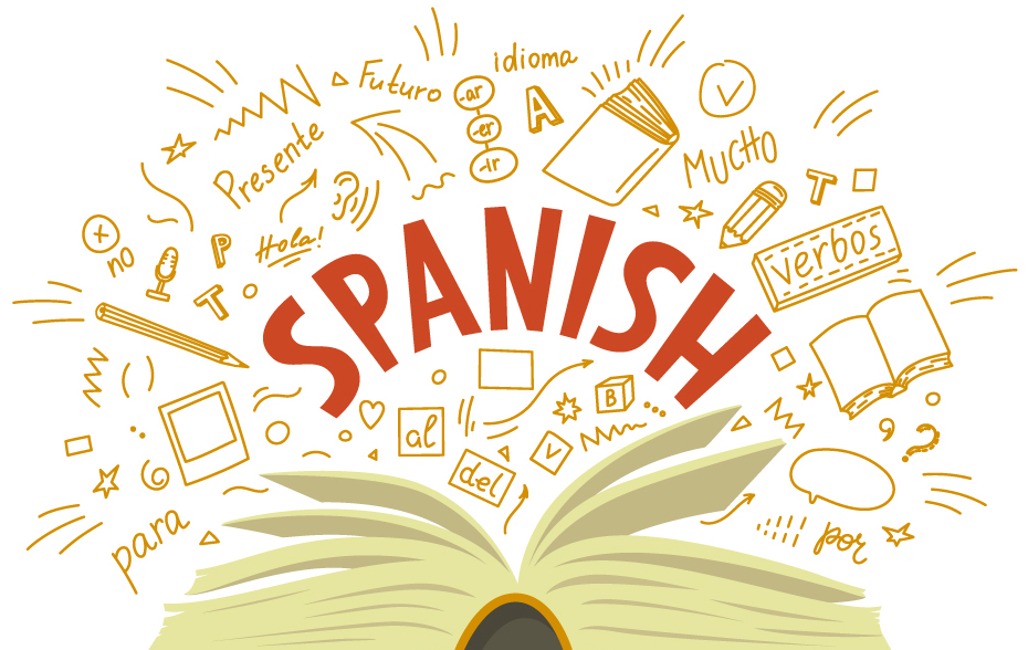 Decorative image with the words 'Spanish' over an open book