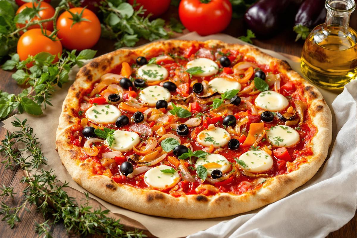 Pizza on a table full of garnishes