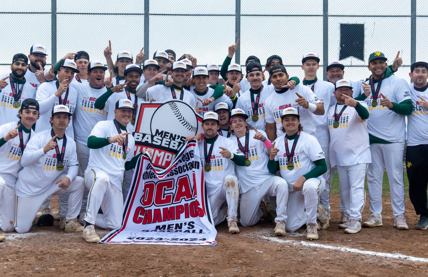 St. Clair College baseball team smiling for a team photo