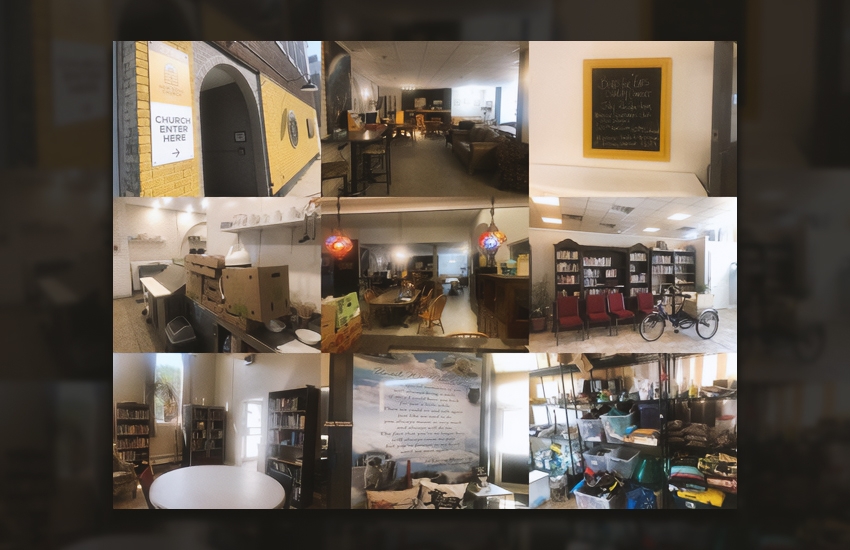 A photo collage of the Café at New Song Church and the pantry, kitchen and office spaces at Feeding Windsor Essex
