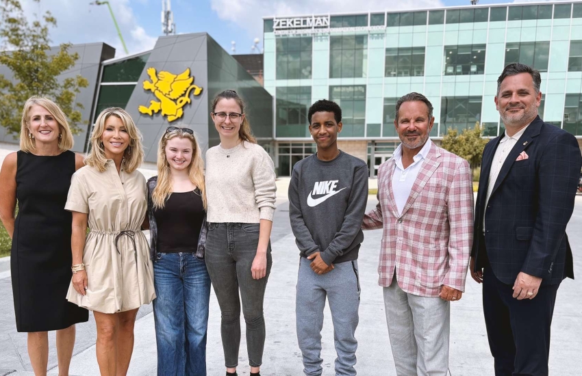 Lorraine Goddard, Stephanie Zekelman, Ashley Dunn, Gracie Friesen, Yonatan Alem, Barry Zekelman and President Michael Silvaggi at Windsor Main Campus