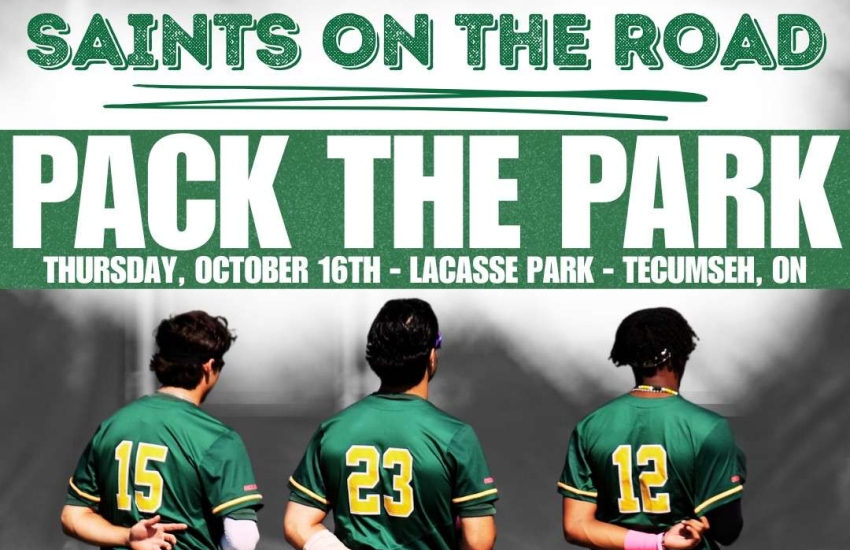Pack the Park promotional poster for Men's Baseball game against the Sheridan Bruins on Thursday, Oct. 16 at 7 p.m. at Lacasse Park in Tecumseh, Ont.