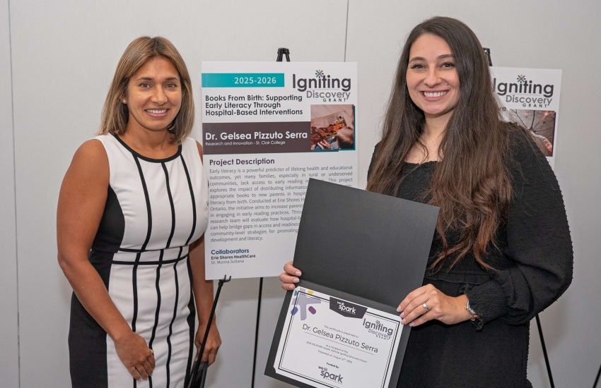 Neelu Sehgal, Chief Nursing Executive, Erie Shores HealthCare, and Dr. Gelsea Pizzuto Serra of St. Clair College Research and Innovation) at the WE-Spark grants announcement in August, 2025. 