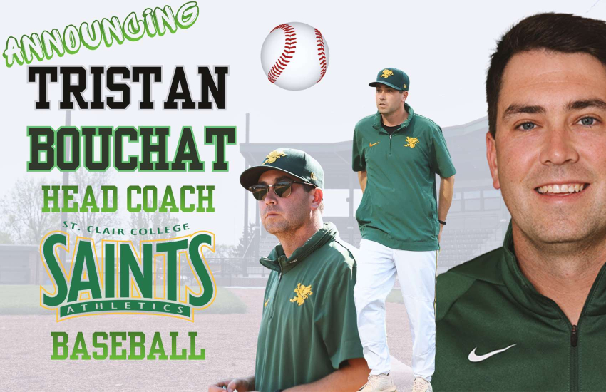 Graphic announcing Tristan Bouchat as the head coach of the Saints Men's Baseball Team