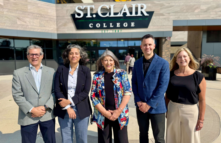 Windsor-Tecumseh-Lakeshore MP Kathy Borrelli is flanked by members of St. Clair College's Research and Innovation team during a campus visit July 9, 2026.
