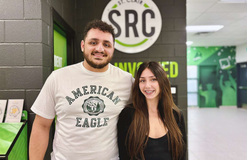 Ali Hadwan, SRC President and Julianna Raffoul, Vice President of Student Life, outside the SRC offices at Main Windsor Campus
