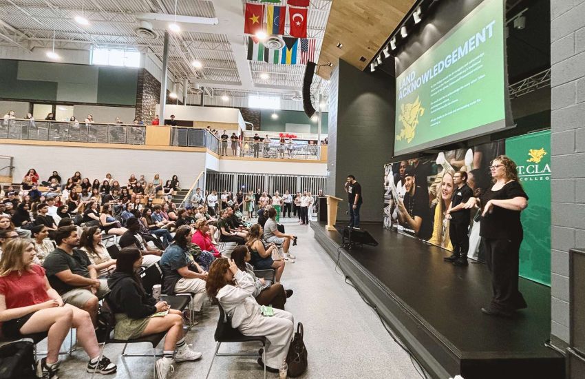 SRC President Ali Hadwan and SSAA President Robbie Durling host the first Fall 2026 Orientation session at the Student Life Centre