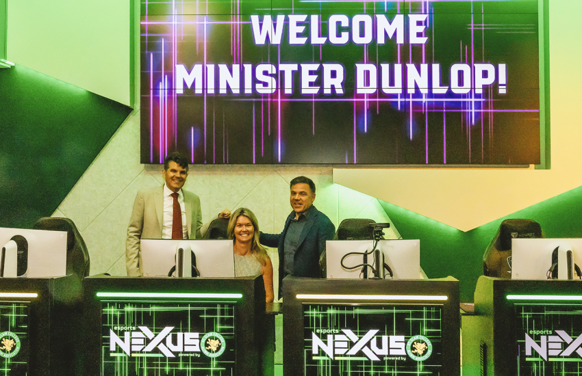 Jill Dunlop, Andrew Dowie and Anthony Leardi in College Esports arena