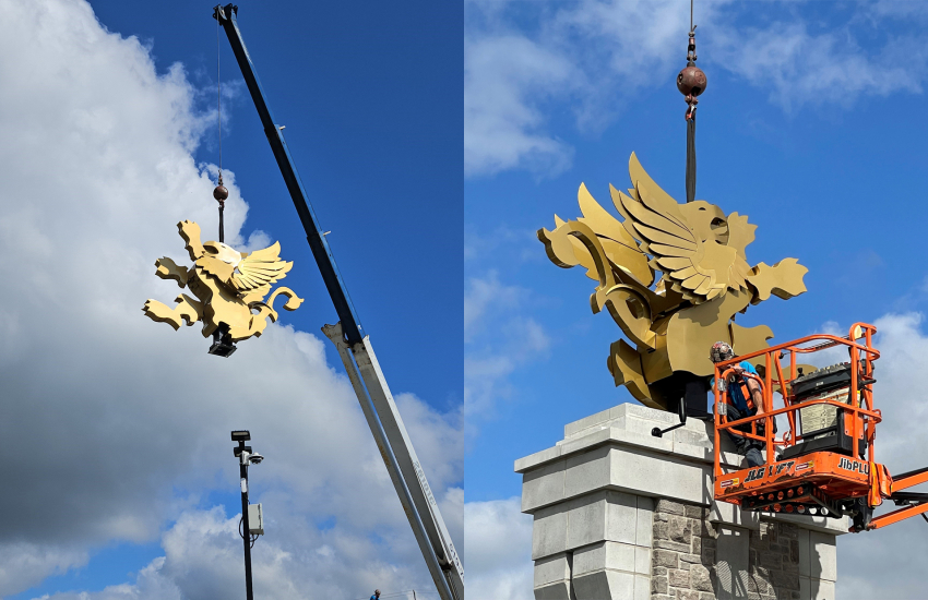 Left: Griffin hoisted by crane. Right: Griffin being bolted on pillar.
