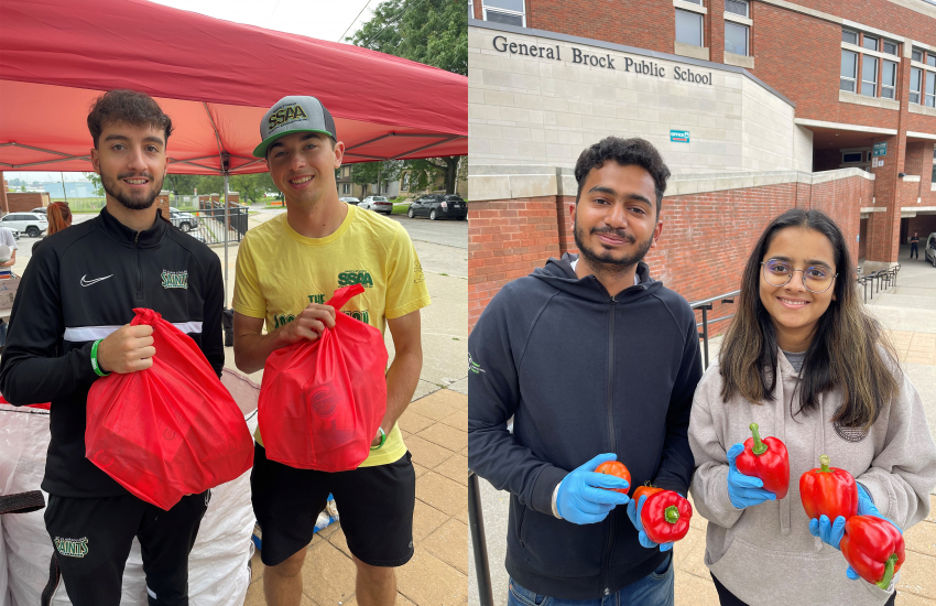 Split image. Left: students holding bags. Right: students holding red peppers.