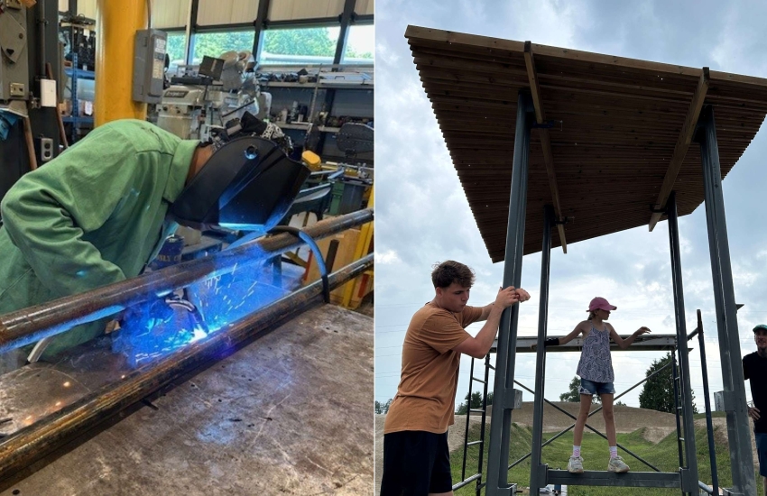 St. Clair College students prepare and install a new announcing tower pavilion at Wolfe Creek BMX Racetrack in Chatham.