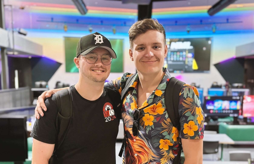 Second-year students Evan Johnson and Wyatt Rapson pose at the Nexus Arena