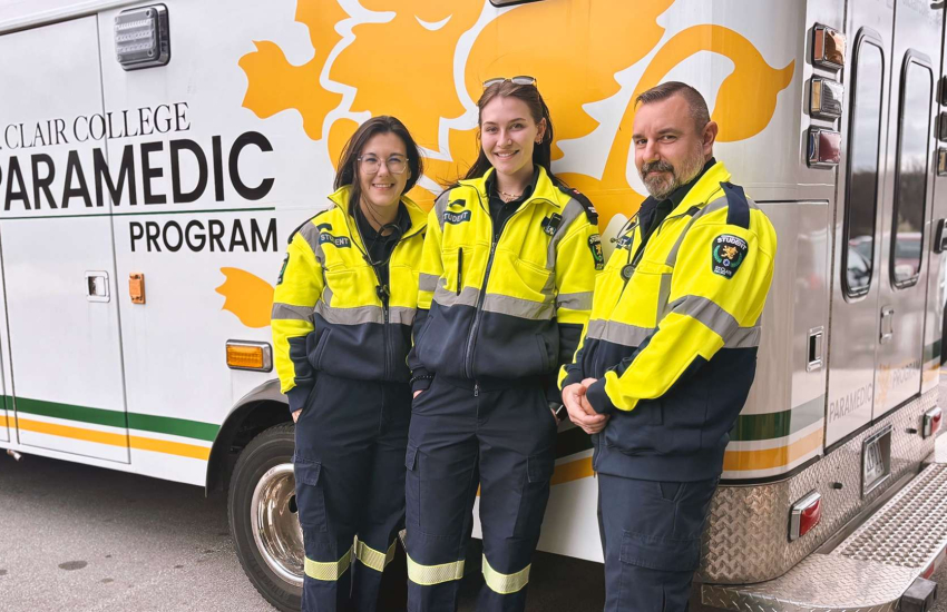 Michelle Wielink, Josie Beneteau and Jason Lozon, second-year students in the Paramedic program