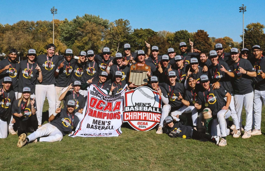 The St. Clair College Saints men's baseball team celebrating