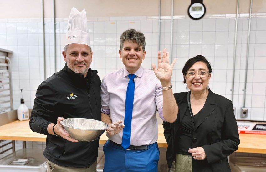 St. Clair College President Michael Silvaggi with Windsor-Tecumseh MPP Andrew Dowie and WEST of Windsor executive director Rose Anguiano Hurst