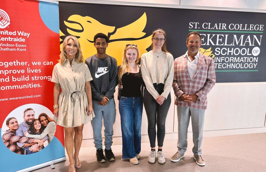 Stephanie Zekelman, Yonatan Alem, Ashley Dunn, Gracie Friesen and Barry Zekelman at the Zekelman School of Business