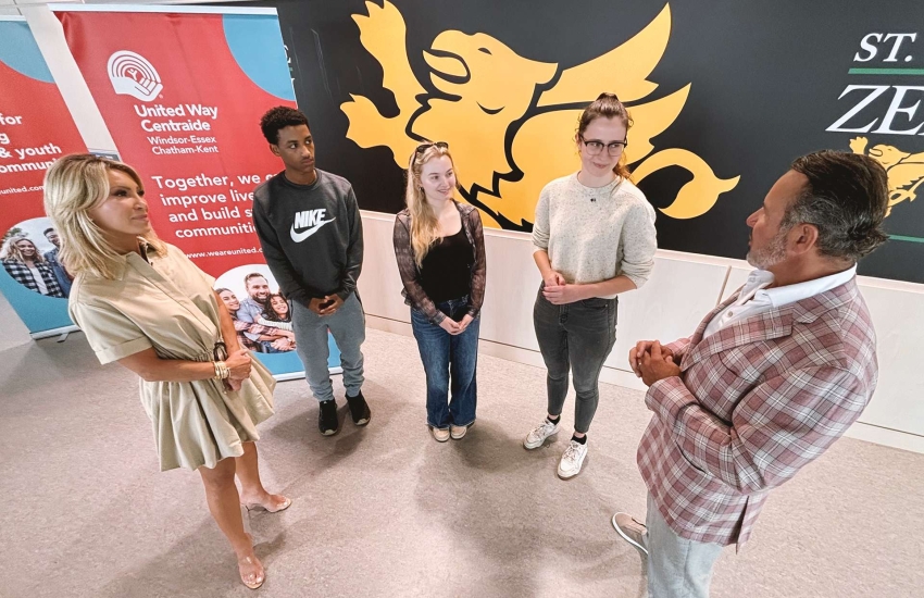 Stephanie and Barry Zekelman speaking with students