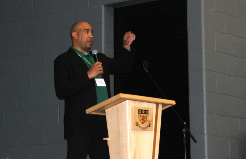 Jimmy Parsons, Chair of the Zekelmen School of Business, speaks to the crowd at the Black Joy Black Excellence event at St. Clair College on May 26, 2026.