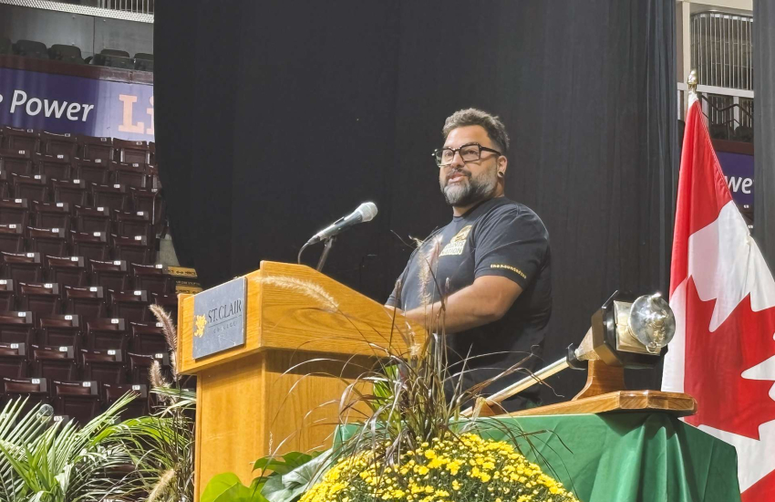 Jeff Denomme, a St. Clair College Alumnus of Distinction, gives the convocation address