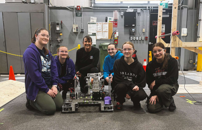 The Amazon Warriors, an all-female team based in Windsor, practicing and tweaking their robots at St. Clair College during March Break