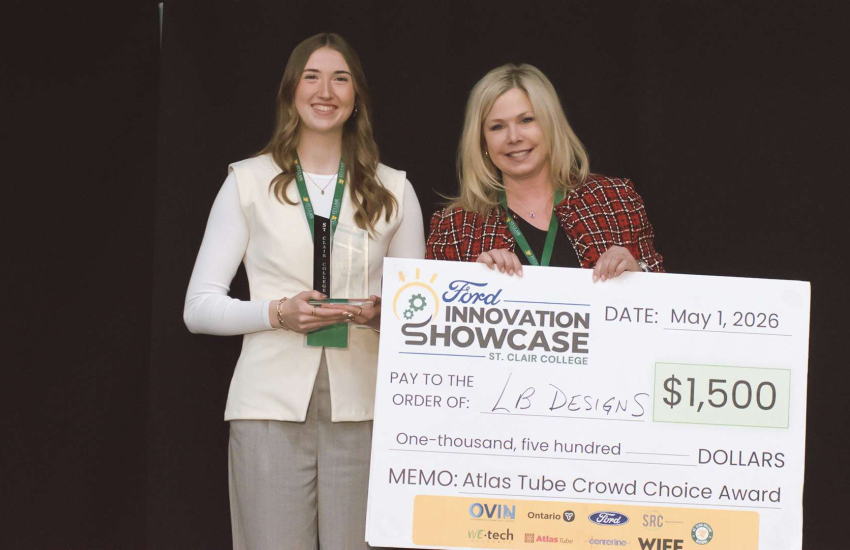 Lilly Bondy of LB Designs stands with Susan Taylor who presented the Atlas Tube Crowd Choice Award to Bondy at the Ford Innovation Showcase 