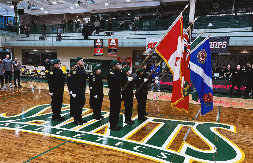 Police Foundations and Protection, Security and Investigation students at St. Clair College make their inaugural Honour Guard march at the SportsPlex