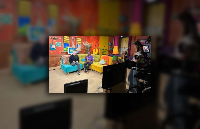 Joojo Paintsil, the host of CBC Gem's Hey Joojo! on set with Canadian comedian, Mike Myers.