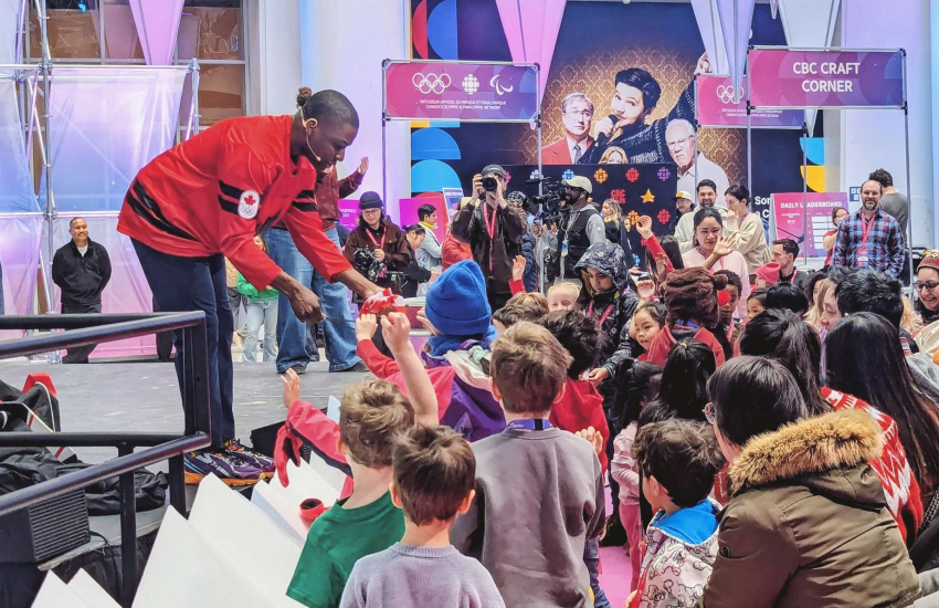 Joojo Paintsil interacts with children during a recent CBC Winter Olympics event at CBC headquarters in Toronto, Ont.