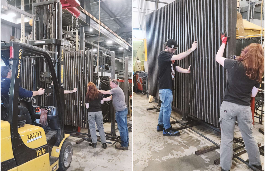 Millwright students working on the fabrication of the Libro Centre Bike Trails Kiosk at St. Clair College during the school year