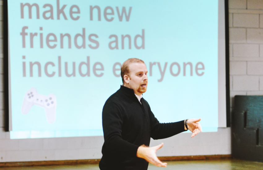 Michael Jacques speaking to a group