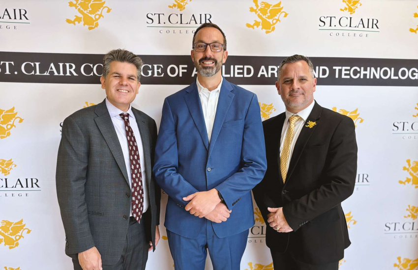 Windsor-Tecumseh MPP Andrew Dowie, MCURES Minister Nolan Quinn and St. Clair College President Michael Silvaggi during a tour of the Centre for Health Sciences