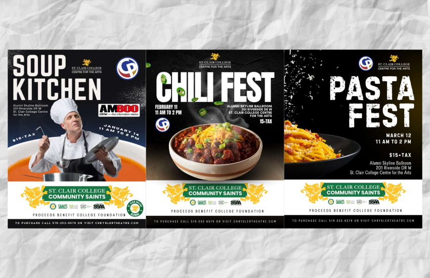 Event flyers for Soup Kitchen, Chili Fest and Pasta Fest