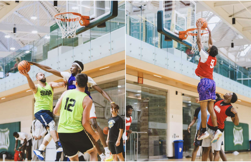Side by side photo. Left is man blocking a shot attempt. Right is man throwing down a slam dunk.
