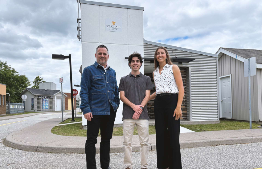 St. Clair College President Michael Silvaggi with Architectural Technology students Noah Nicoletti and Jayne Foreman at the Zekelman Safety Village