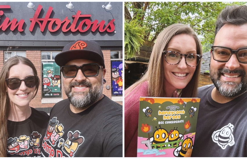 Collage of two photos. Left photo is of a man and woman in front of Tim Hortons. Right photo is of a man and woman holding a book.