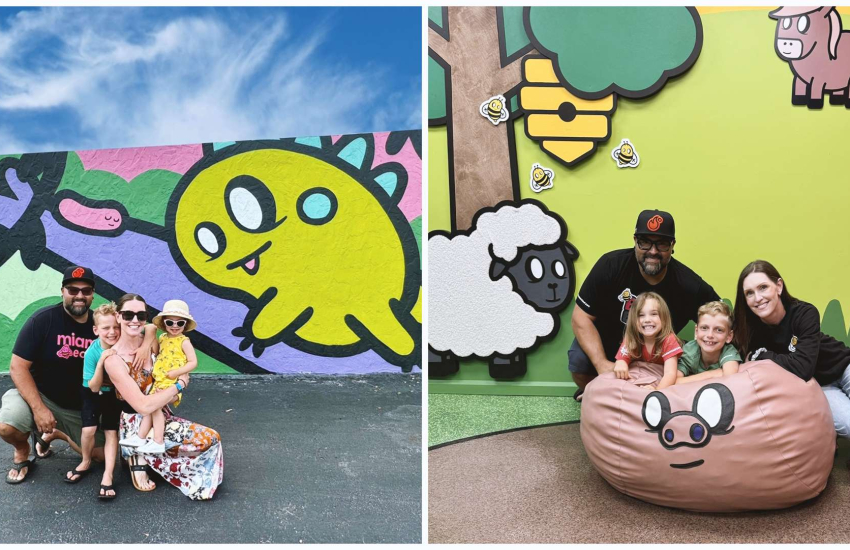 Collage of two photos. Both photos have a family in front of murals.