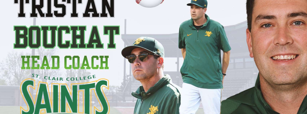 Graphic announcing Tristan Bouchat as the head coach of the Saints Men's Baseball Team