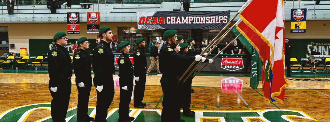 Police Foundations and Protection, Security and Investigation students at St. Clair College make their inaugural Honour Guard march at the SportsPlex