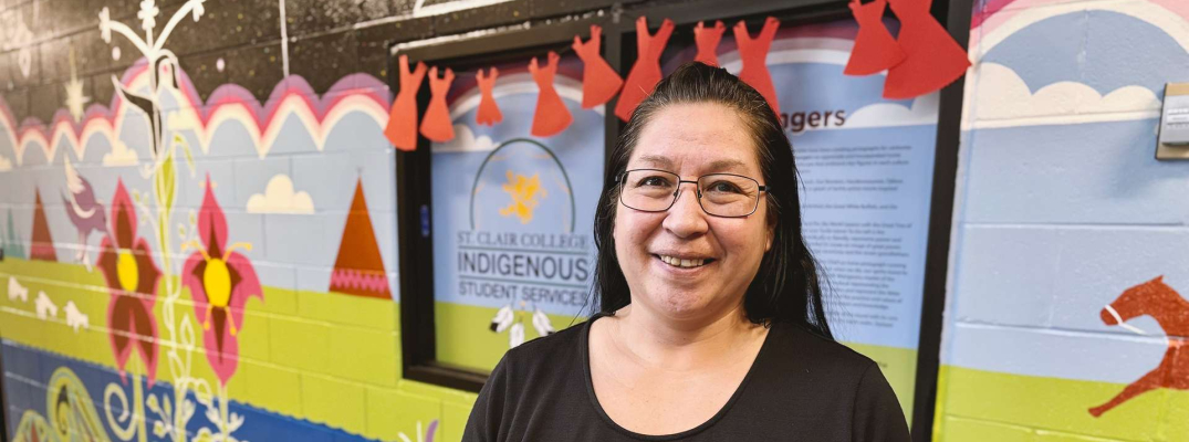 Tina Jacobs, the Indigenous Learning Advisor at St. Clair College, out front of the Indigenous Student Centre