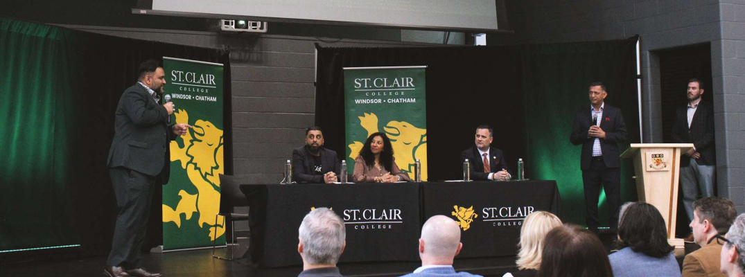 Representatives from siberX, SANS, and St. Clair College announcing a cybersecurity executive education partnership at Main Windsor Campus