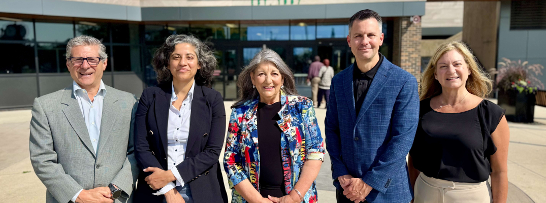 Windsor-Tecumseh-Lakeshore MP Kathy Borrelli is flanked by members of St. Clair College's Research and Innovation team during a campus visit July 9, 2026.
