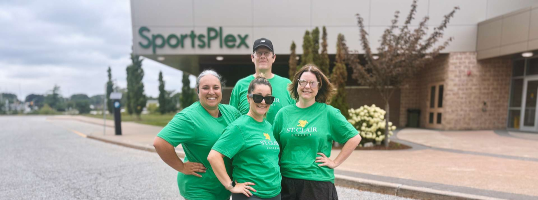 Four members of the Saints on the Run club, including Andrea Fryer, Lauren Amlin, Andrew Campbell and Wintre McConnell at the St. Clair College Sportsplex