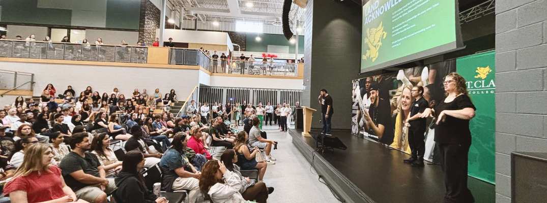 SRC President Ali Hadwan and SSAA President Robbie Durling host the first Fall 2026 Orientation session at the Student Life Centre