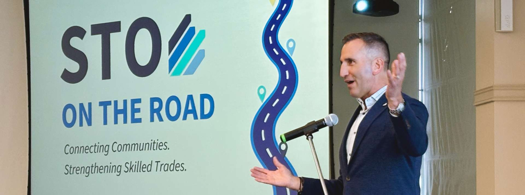 Trevor Jones, Ontario Minister of Labour, Immigration, Training and Skills Development and MPP for Chatham-Kent-Leamington, speaks at the STO on the Road event