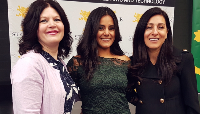 St. Clair College President, Patti France, computer systems networking program grad, Zaenab Allawi and Rola Dagher, President of CISCO Canada.